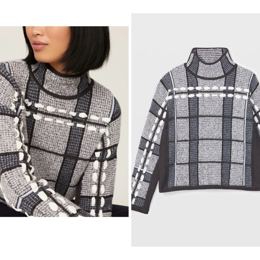 Club Monaco WOOL Chic Black and Gray Plaid Sweater